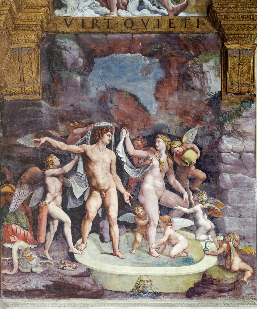 Room of Psiche, nordveggen: Venus og Mars bader; Eros og noen amoriner deltar i gudinnens bad (fresco) av Giulio (workshop of) Romano
