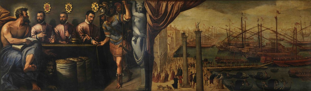 Saint Mark hjelper tre sorenskrivere med å rekruttere militsen til flåten, ca 1586 av Giulio Angolo del Moro