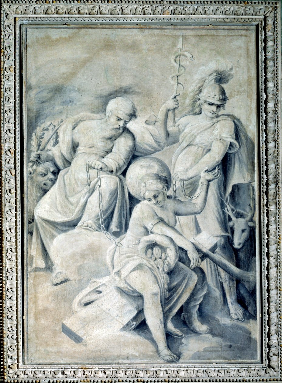 Allegory of prudence and value holding enchained Fortune (maleri, ca. 1820-1826) av Giulio Ballino