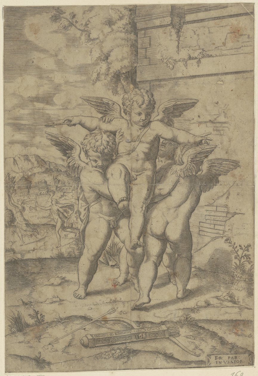 Amor og tre putti av Giulio Bonasone (attributed to)