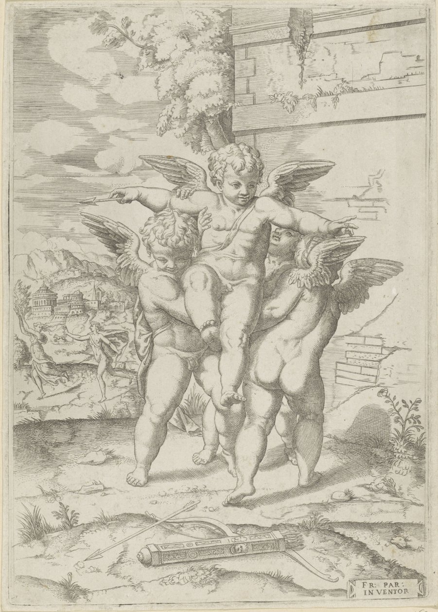 Amor og tre putti av Giulio Bonasone (attributed to)