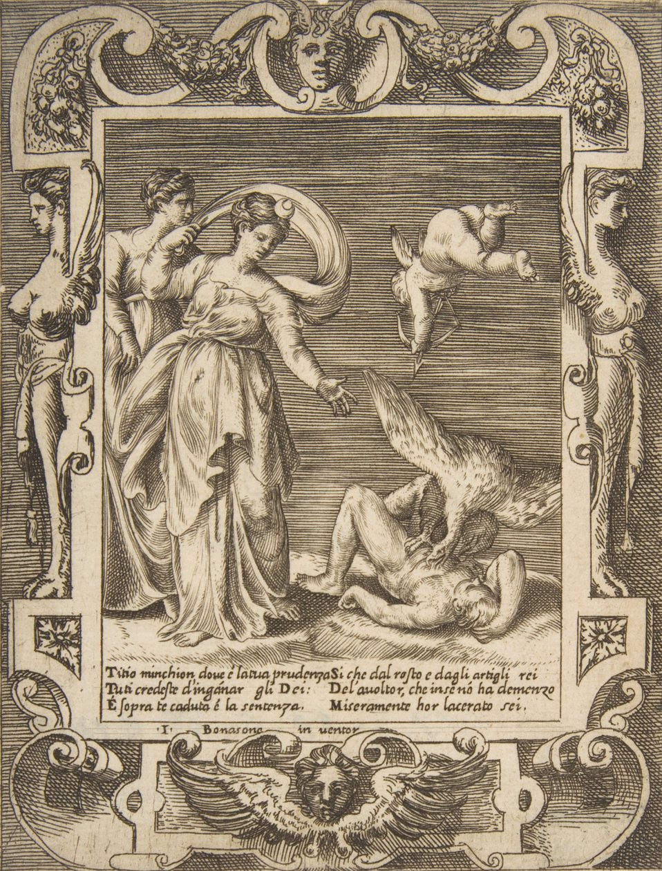 En gribb som spiser innmaten til Titius, Amor over to kvinner til venstre, satt innenfor en..., 1531-76. av Giulio Bonasone