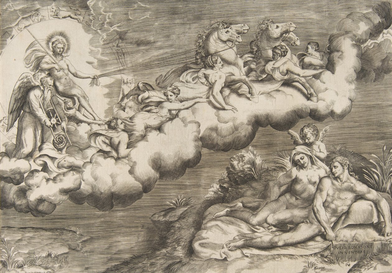 En allegori om den stigende solen, en naken mann iført et likklede og ledsaget Father Time..., 1531-76. av Giulio Bonasone
