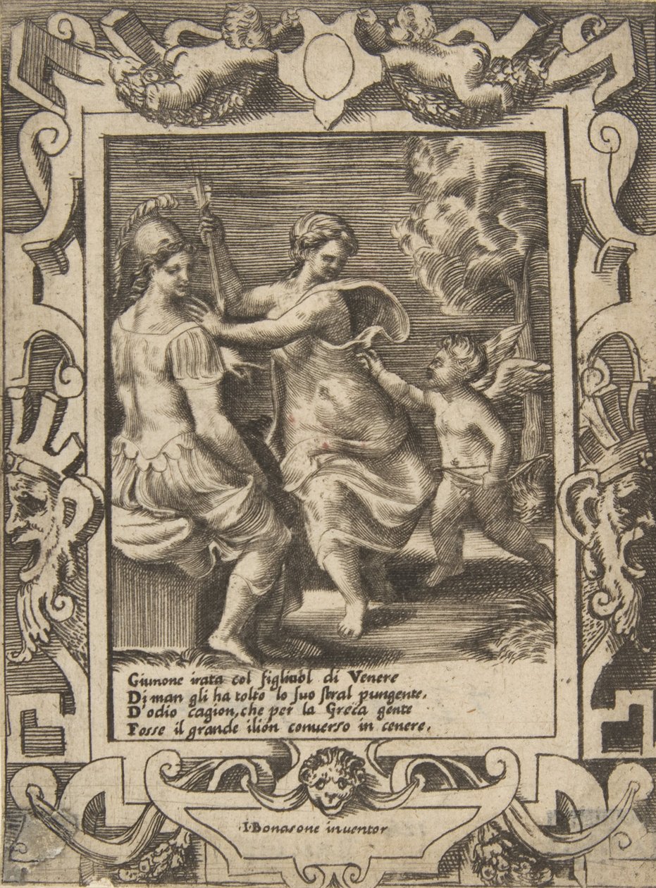 Athena satt i nærheten av Juno som har tatt bort Amors piler, satt innenfor en forseggjort ramme..., 1531-76. av Giulio Bonasone