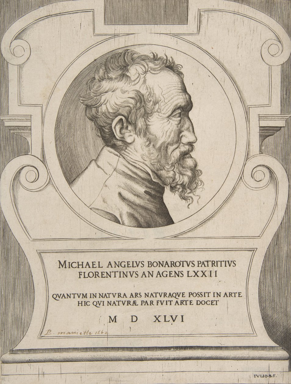Bysteportrett av Michelangelo vendt mot høyre, satt i en kartusj., 1546. av Giulio Bonasone