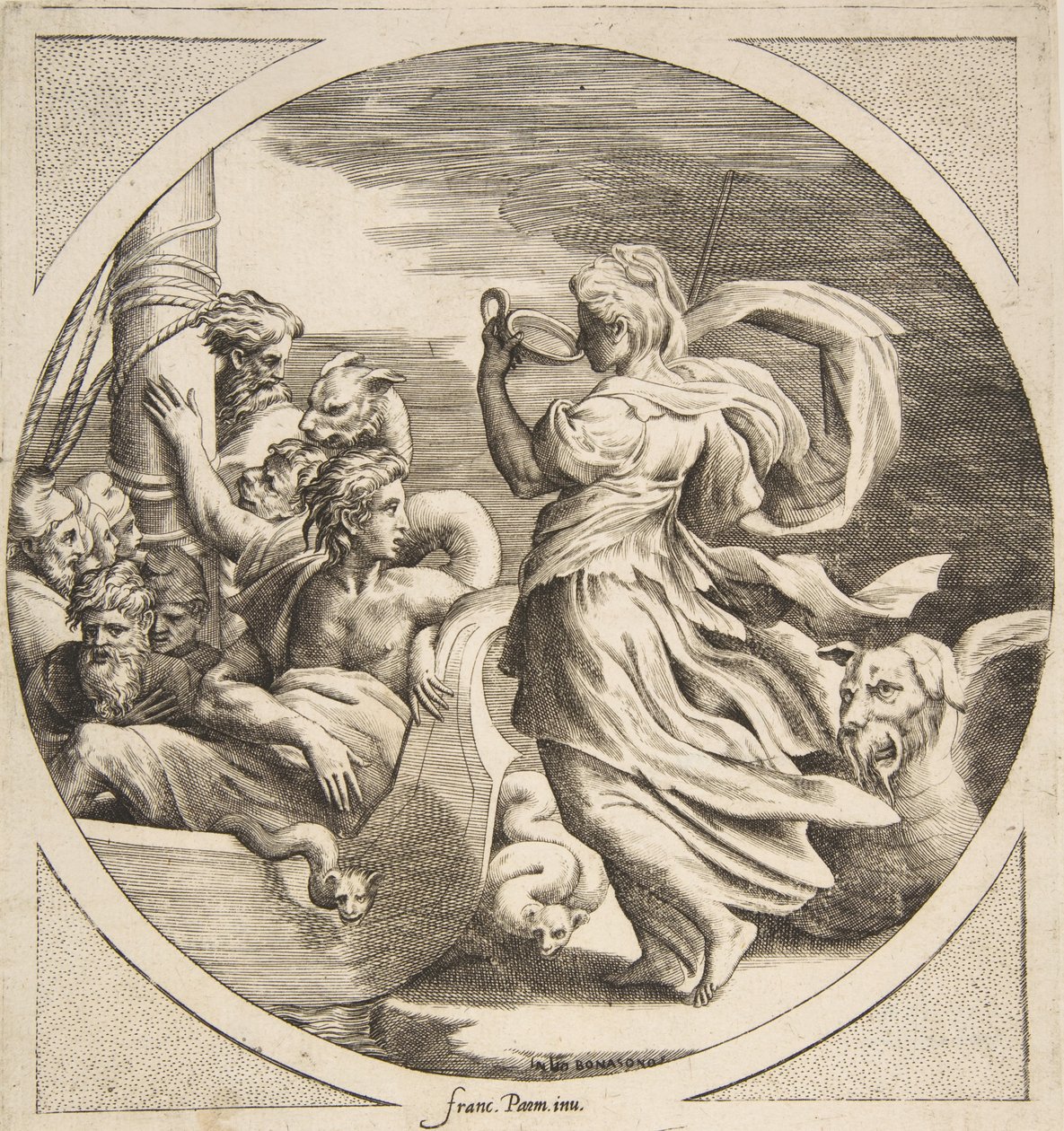 Sirkel drikker av en kopp med følgesvennene til Ulysses i en båt til venstre, et rundskriv ..., 1531-76. av Giulio Bonasone
