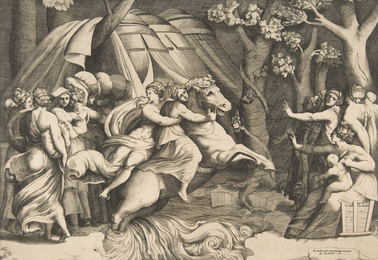 Cloelia på hesteryggen krysser Tiberen, ca. 1540-60. av Giulio Bonasone