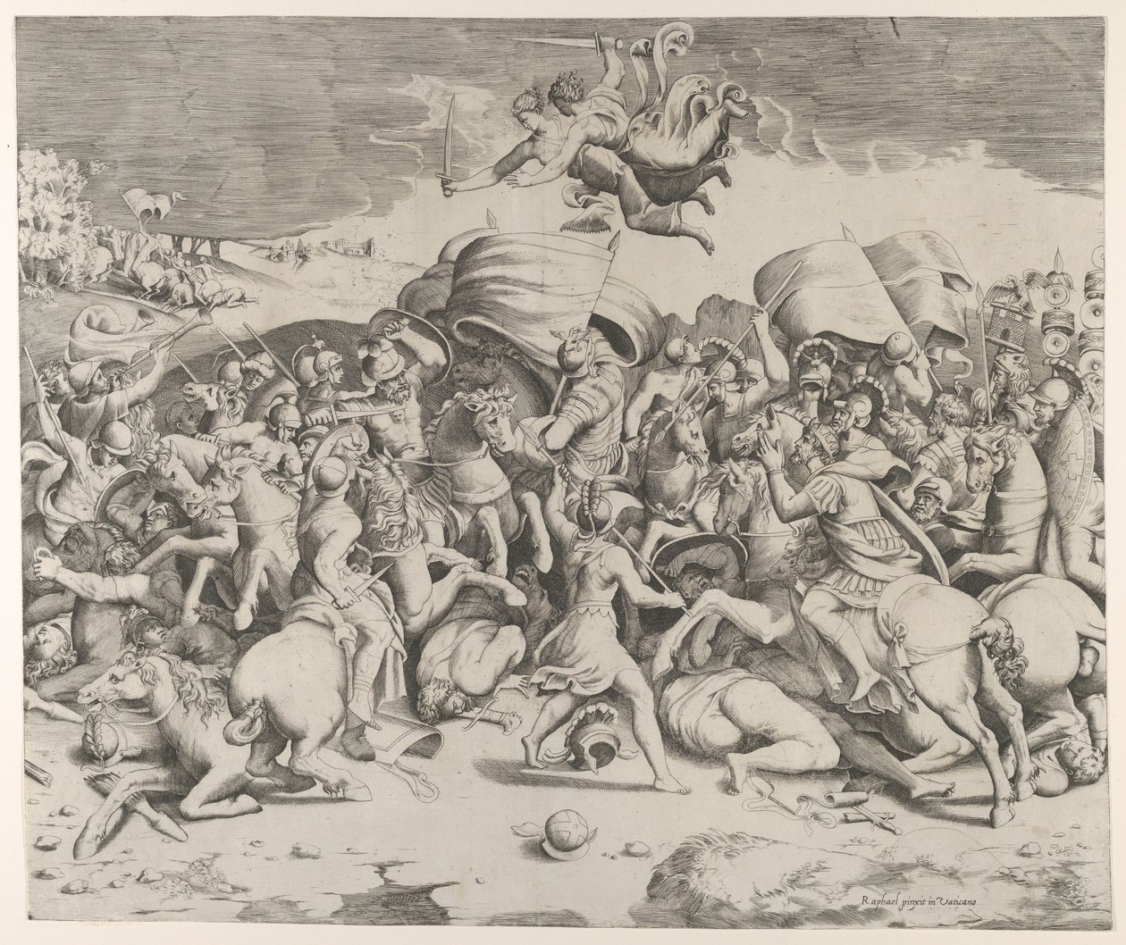 Konstantin beseiret tyrannen Maxentius, engler som bærer sverd flyr over, 1544., 1544. av Giulio Bonasone