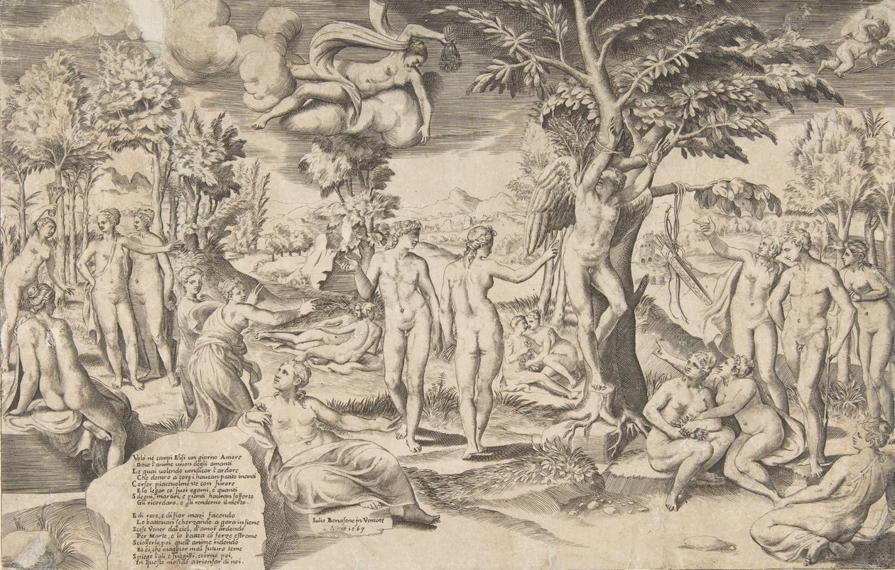 Amor i Elysian Fields bundet til et tre i midten, omringet mine mange figurer, 1563. av Giulio Bonasone