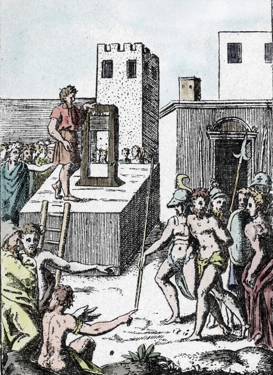 Dødsstraff: henrettelsen av en dødsdom med forfaren til giljotinen (maskin en dekollasjon) i Italia kalt Mannaia og designet av Achille Bocchi, i 1555"" Gravering av Giulio Buonasone (Bonasone) (1498-1574) (Representasjon av Manna av Giulio Bonasone