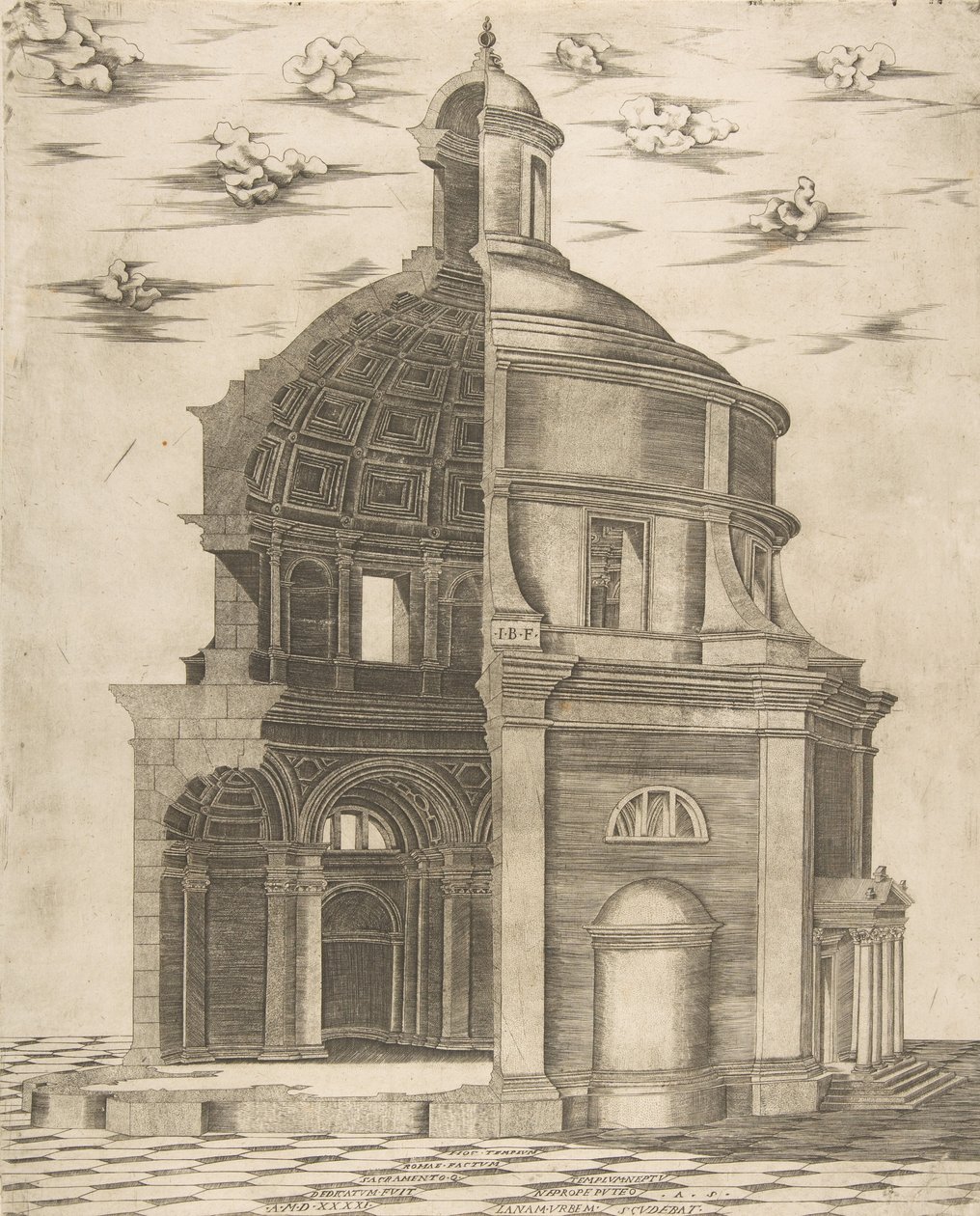 Eksteriør og indre del av et tempel i Roma dedikert til Neptun, 1541. av Giulio Bonasone