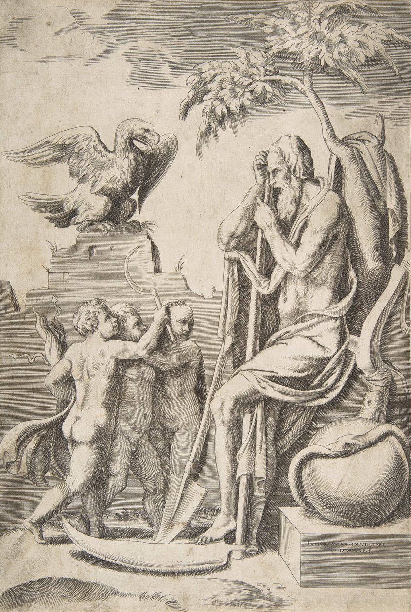 Fader Tid til høyre støttet på en ljå, tre nakne gutter og ørn til venstre, 1..., 1531-76. av Giulio Bonasone