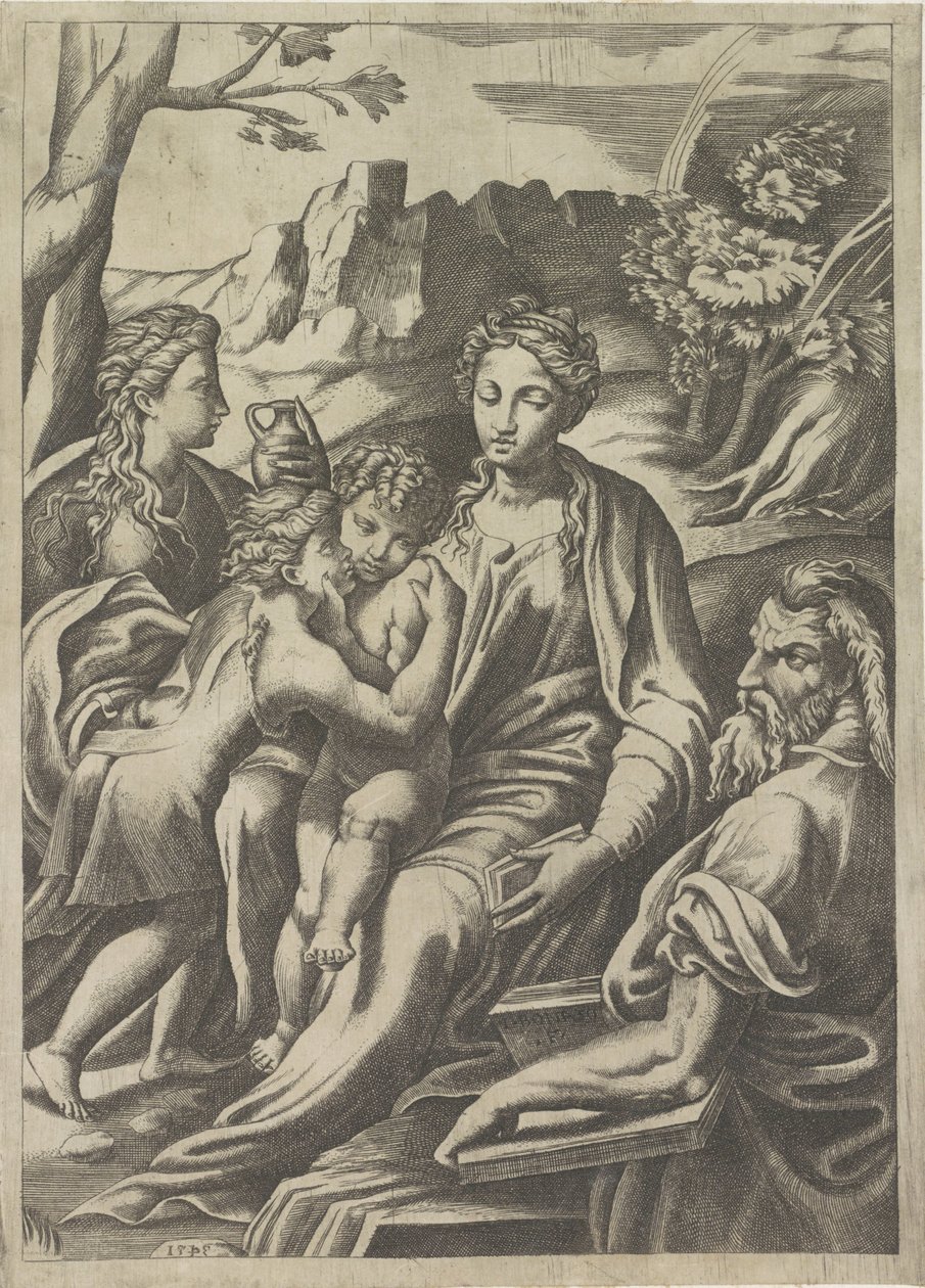 Hellig familie med den unge døperen Johannes og Maria Magdalena av Giulio Bonasone