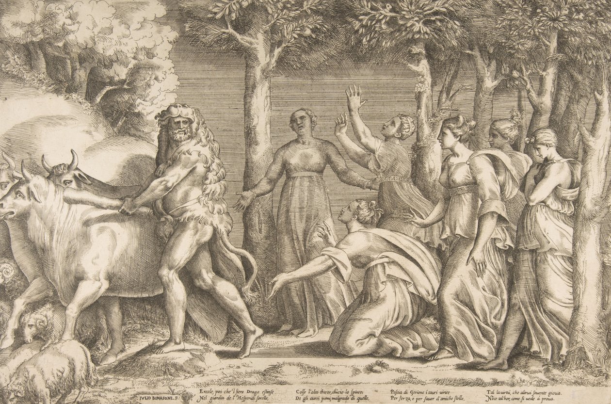 Herkules driver vekk storfeet til Geryon, til høyre er nymfene til Hesperides, ..., 1531-76. av Giulio Bonasone
