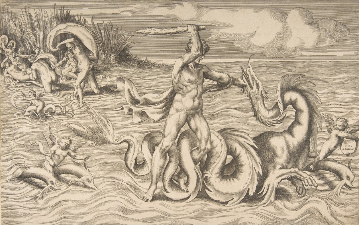 Hercules kjemper mot en drage i midten, Achelous bærer av Deianeira øverst til venstre, 1531-76. av Giulio Bonasone