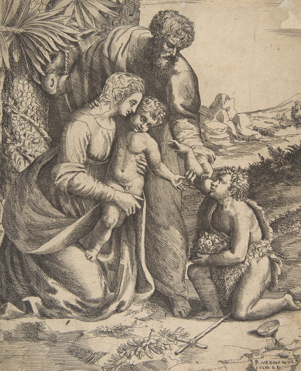 Hellig familie med døperen Johannes som kneler til høyre, 1531-76. av Giulio Bonasone