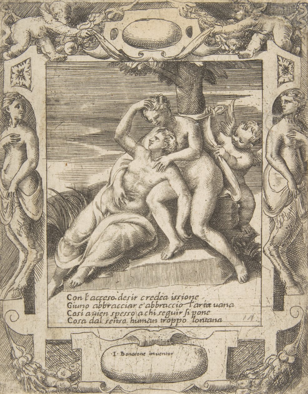 Ixion omfavner en sky, og tror det er Juno, Amor til høyre, satt i en elabora..., 1531-76. av Giulio Bonasone