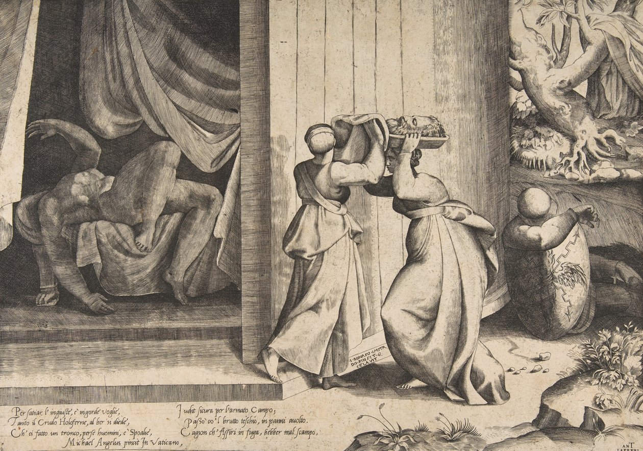 Judith ga hodet til Holofernes til sin tjenestepike, den halshuggede Holofernes i..., 1531-7 av Giulio Bonasone