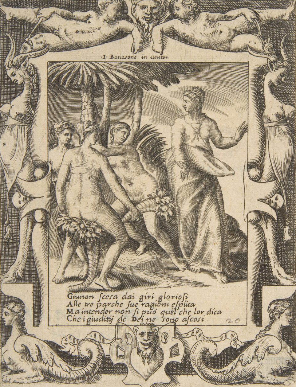 Juno til høyre snur seg og snakker til skjebnene, satt innenfor en forseggjort ramme, fra..., 1531-76. av Giulio Bonasone