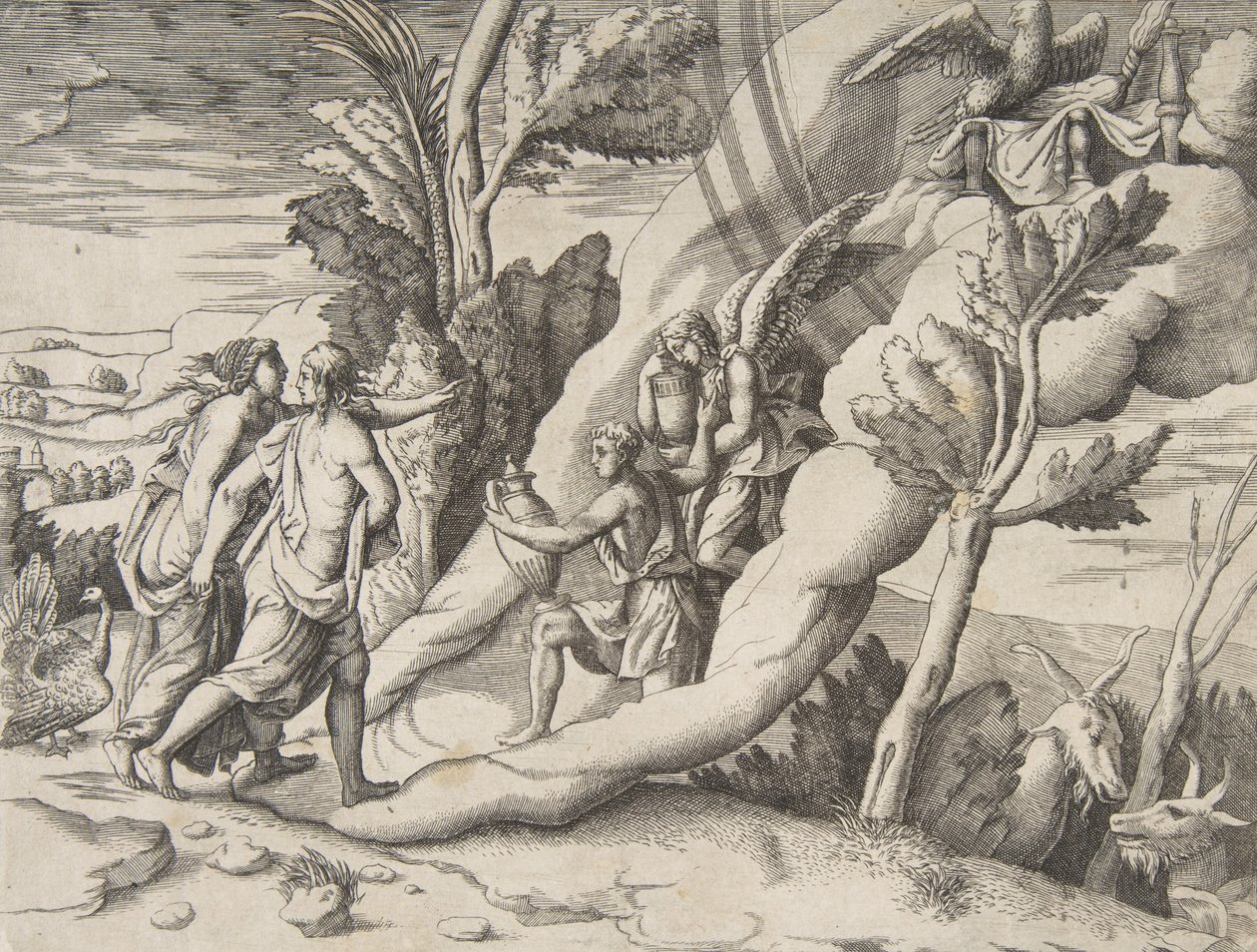 Jupiter og Juno ble mottatt i himmelen av Ganymedes og Hebe, fra 'divisjonen..., 1531-76. av Giulio Bonasone