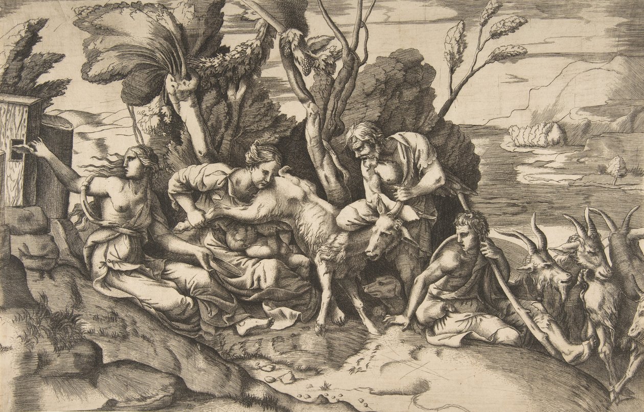 Jupiter die av geiten Amalthea, 1531-76.. av Giulio Bonasone