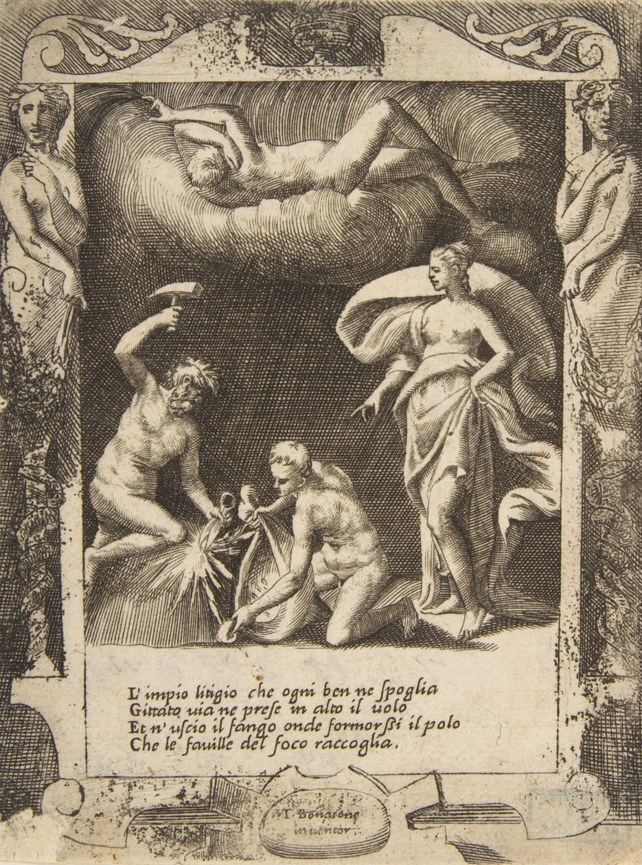 Litigium fjernet fra kroppen til Chaos mens moren kastes opp i luften, satt med..., 1531-76. av Giulio Bonasone