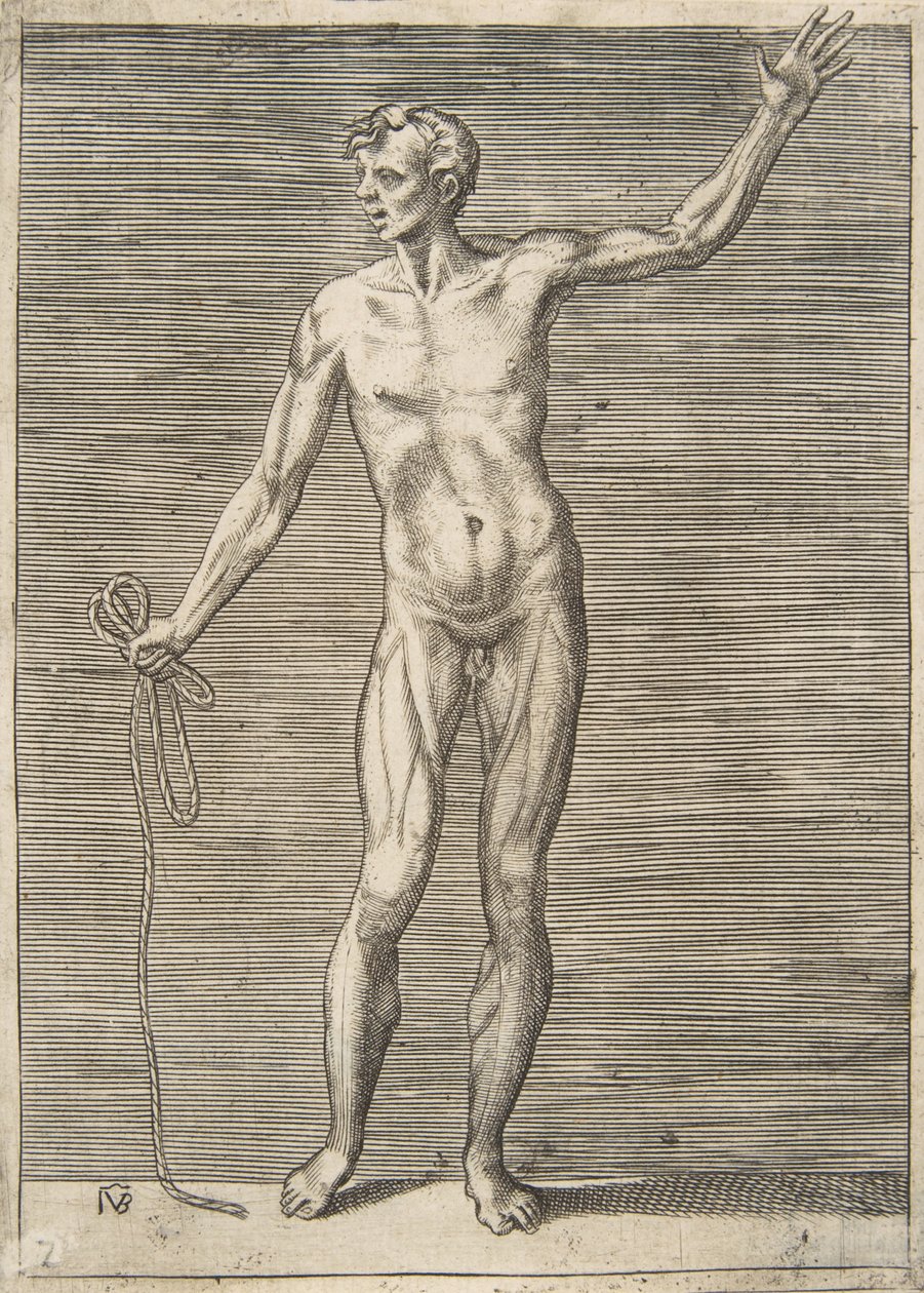 Mann sett forfra, holder et tau i høyre hånd, 1500-tallet. av Giulio Bonasone