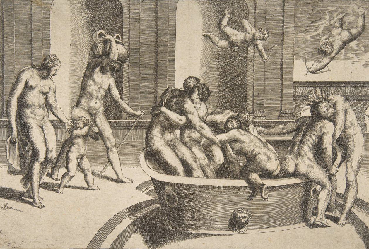 Menn og kvinner som bader, noen omfavnende, 1531-76. av Giulio Bonasone