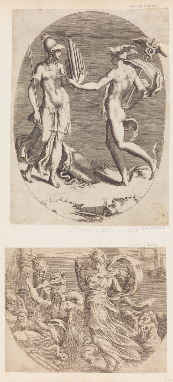 Mercury presenterer en Panpipe til Minerva. av Giulio Bonasone
