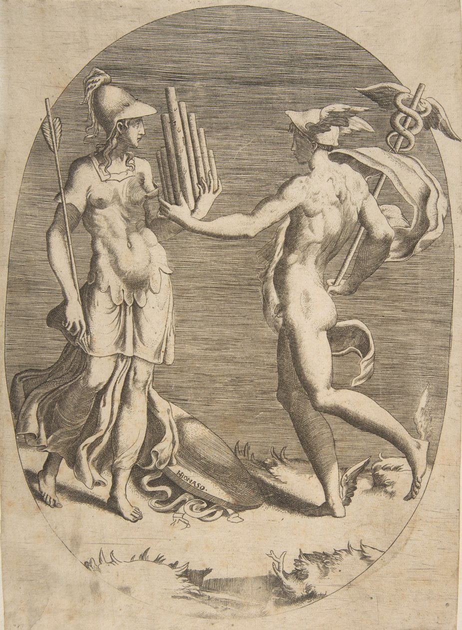 Mercury presenting a panpipe to Minerva who stands at left, an oval composition, 1531-76.    1169875   no       norwegian Successfully Translated  Original: Petrus als berouwvolle zondaar Acht berouwvolle zondaars uit het Oude en Nieuwe Testament (series t av Giulio Bonasone
