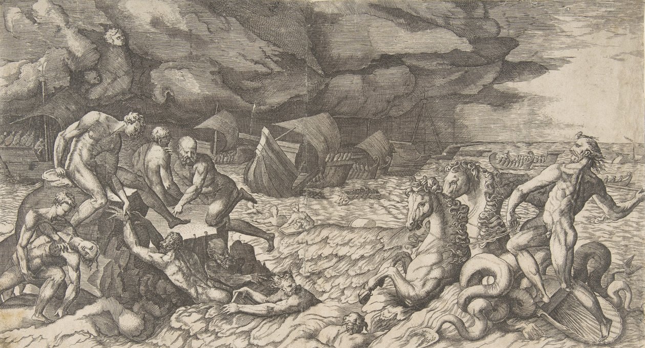 Neptun roet stormen Aeolus reist mot Aeneas-flåten, 1531-76. av Giulio Bonasone