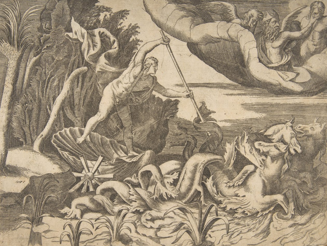 Neptun i sin vogn blir trukket av sjøhester, fra 