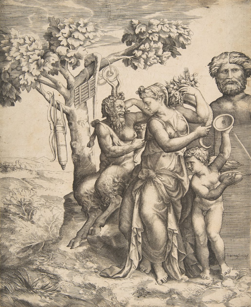 Pan til venstre ved siden av en stående nymfe, til høyre Amor som holder cymbaler, 1531-76. av Giulio Bonasone