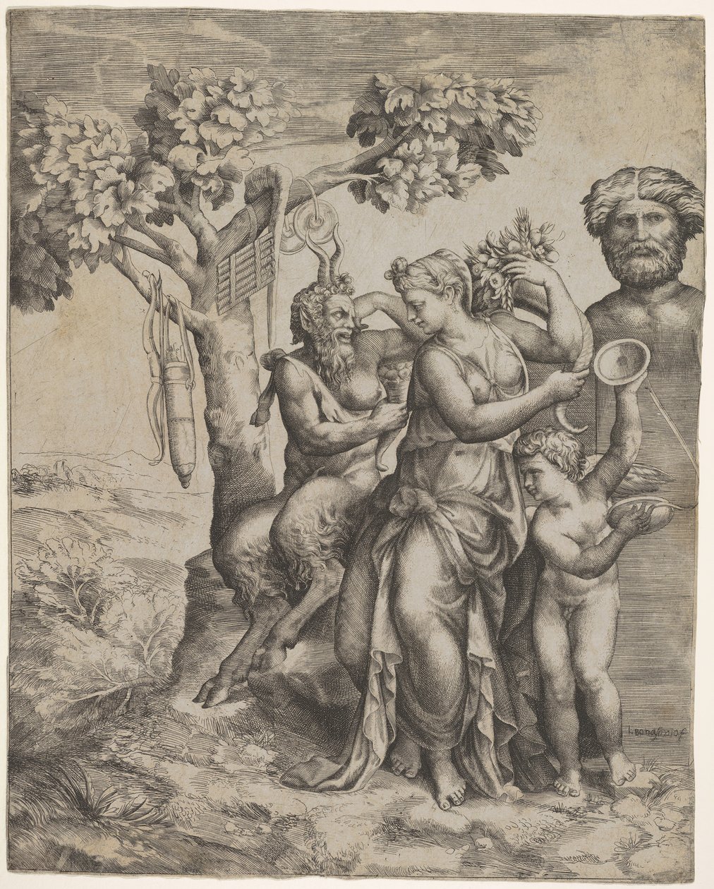 Pan sitter nær en kvinnelig figur som holder et overflødighetshorn en nymfe eller Pomona, til høyre ..., ca. 1550-60. av Giulio Bonasone