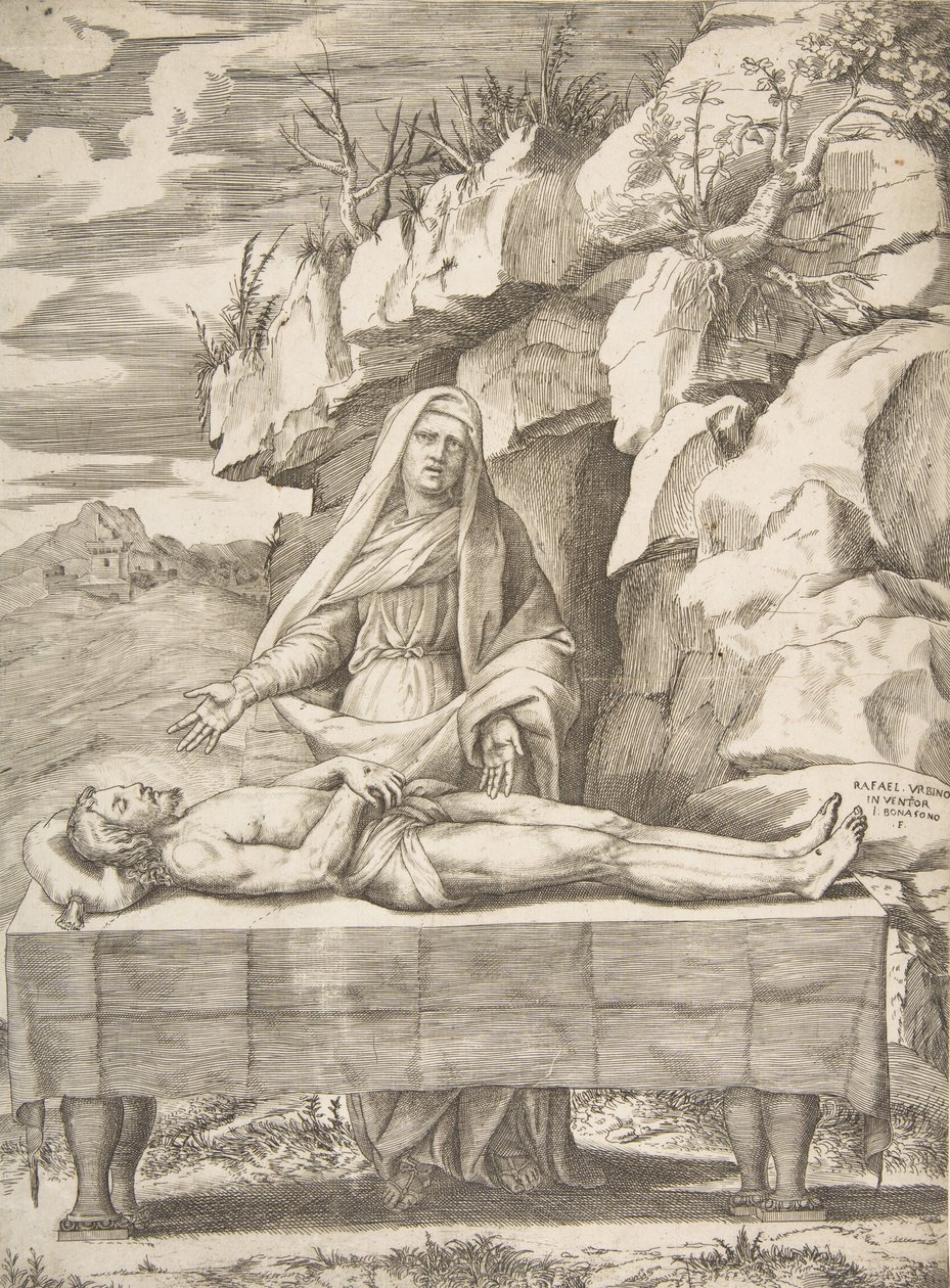 Pieta, Kristus strakt ut på et bord i et landskap, Jomfruen stående bak våpen ..., 1531-76. av Giulio Bonasone