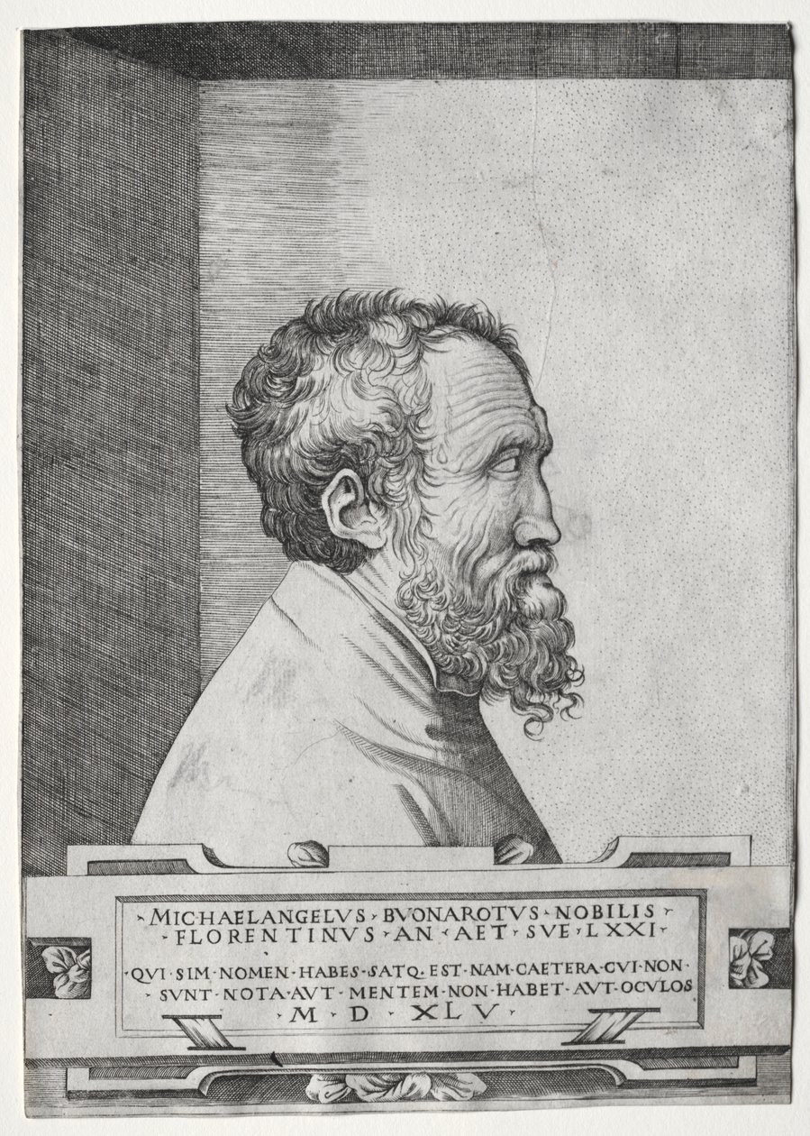 Portrett av Michelangelo i profil vendt mot høyre av Giulio Bonasone