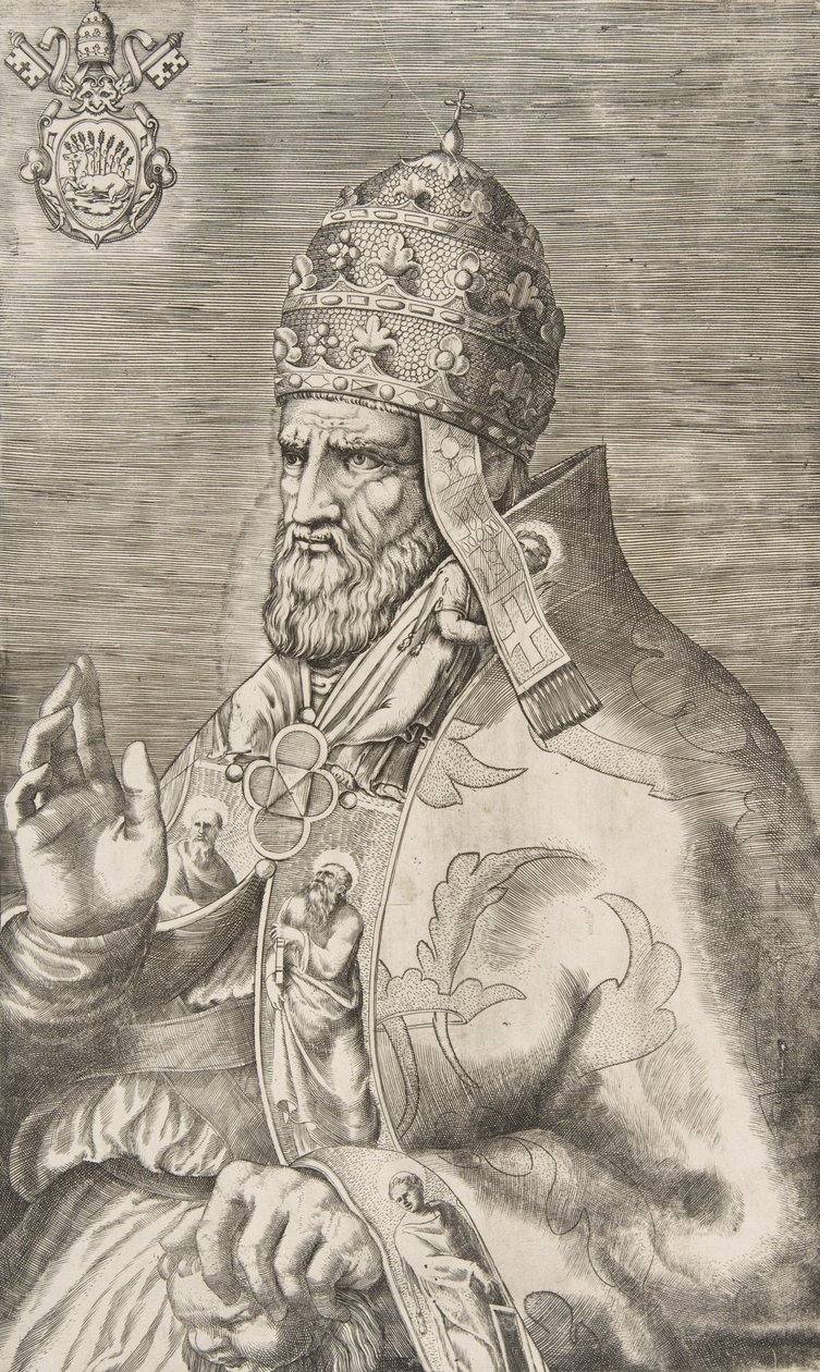 Portrett av pave Marcellus II, høyre hånd hevet vendt mot venstre, ca. 1555. av Giulio Bonasone
