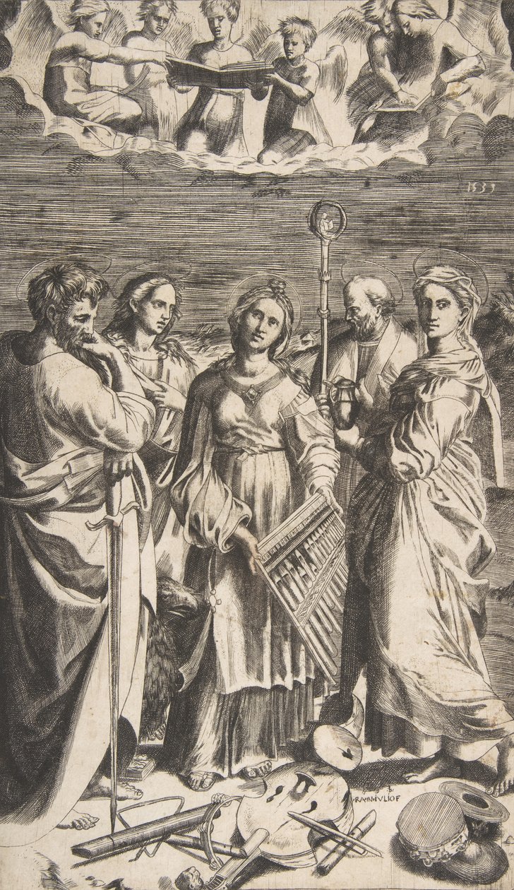 Saint Cecilia står i sentrum akkompagnert av Saint Paul, the Magdalene, Saint John ..., 1531. av Giulio Bonasone