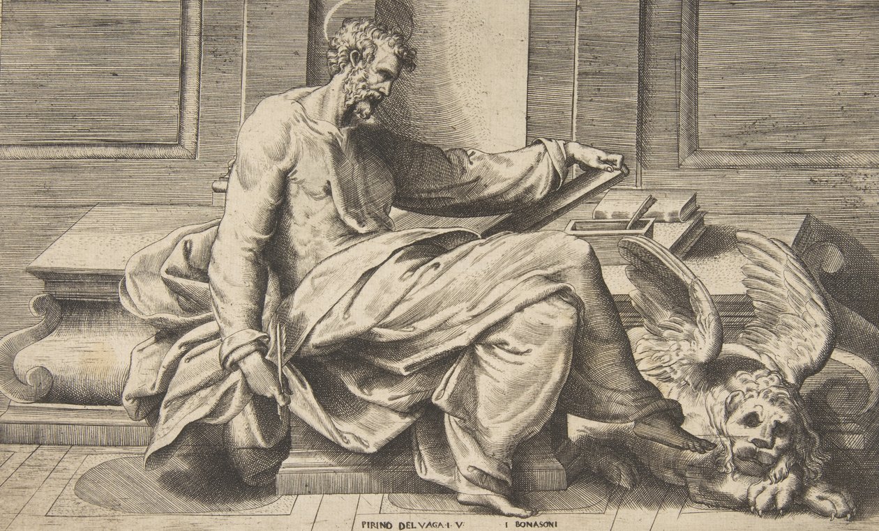 Markus som skrev sitt evangelium, en bevinget løve til høyre, 1531-76. av Giulio Bonasone