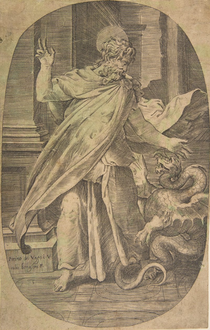 St Paul overvinner hoggormen, i en arkitektonisk setting, en oval komposisjon, ca. 1540-70. av Giulio Bonasone