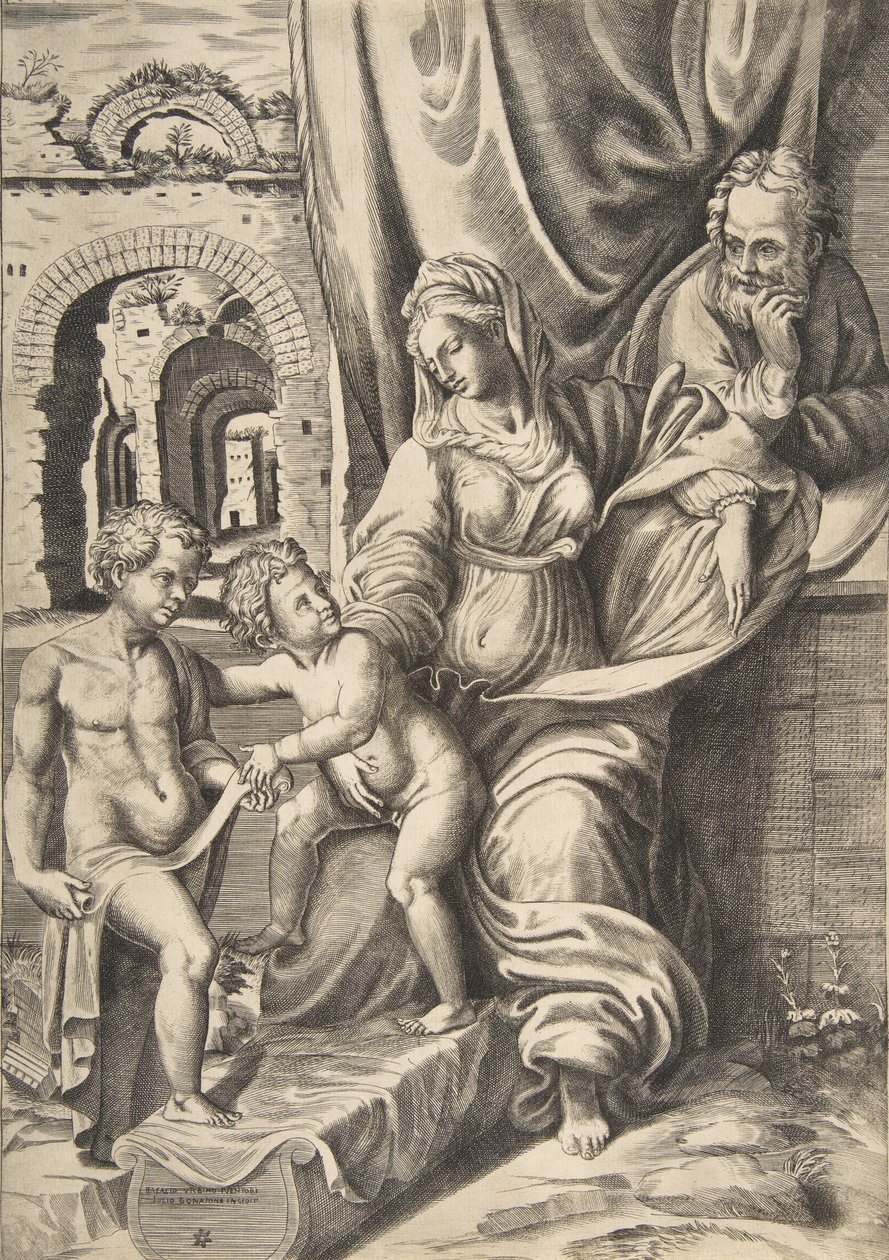 Den hellige familie og spedbarnet døperen Johannes, 1531-76., 1531-76. av Giulio Bonasone