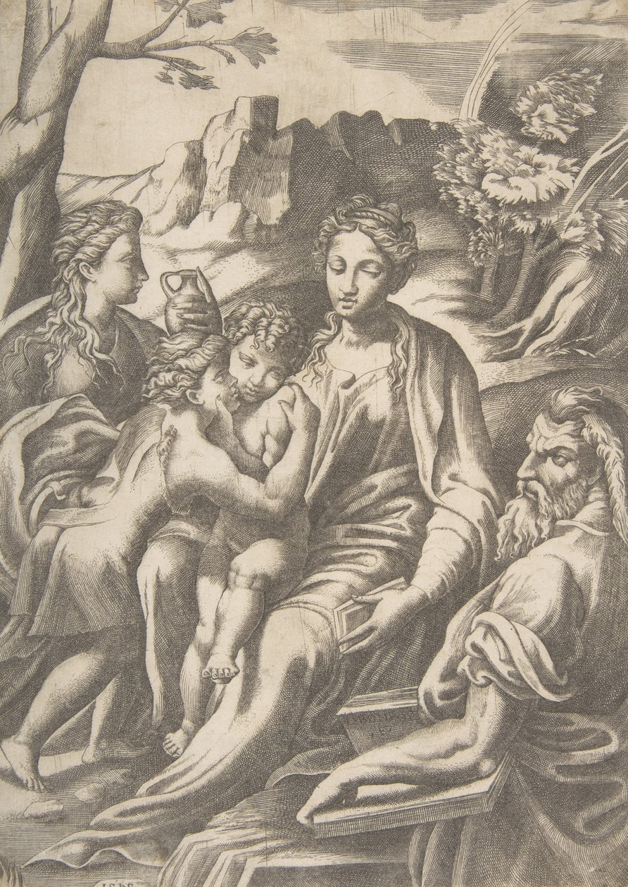 Den hellige familie med Maria Magdalena og døperen Johannes som omfavner Kristus, 1543. av Giulio Bonasone