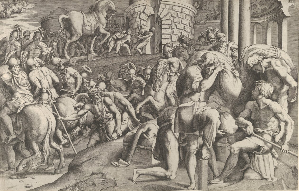 Trojanerne drar trehesten inn i Troja, 1545. av Giulio Bonasone