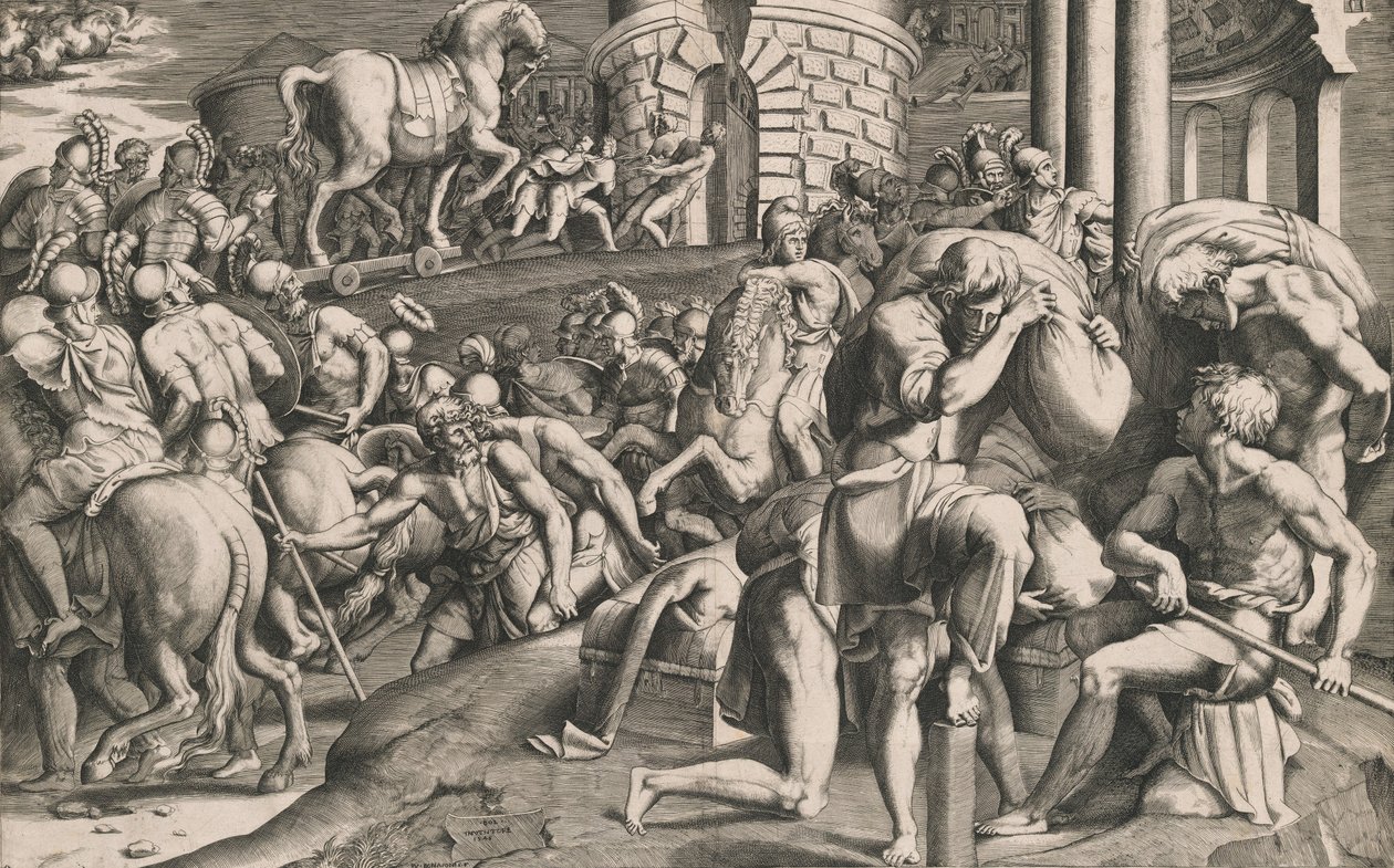 Trojanerne trekker trehesten inn i byen, 1545. av Giulio Bonasone