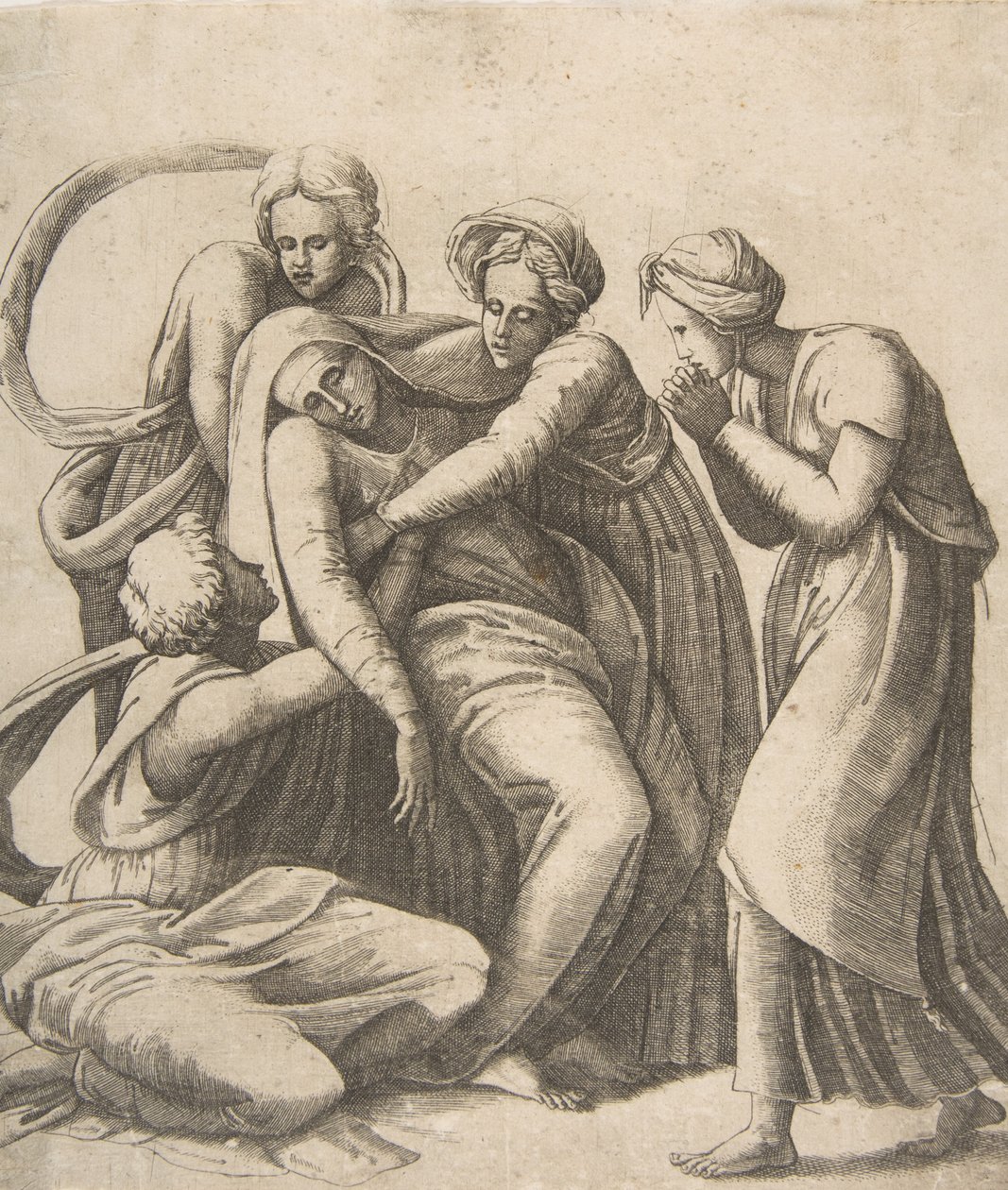 Jomfruen besvimer og blir støttet i armene til de hellige kvinnene, 1531-76. av Giulio Bonasone