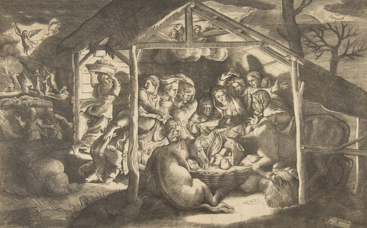 Tilbedelsen av hyrdene, forskjellige skikkelser rundt Kristusbarnet i århundret, 1531-76. av Giulio Bonasone