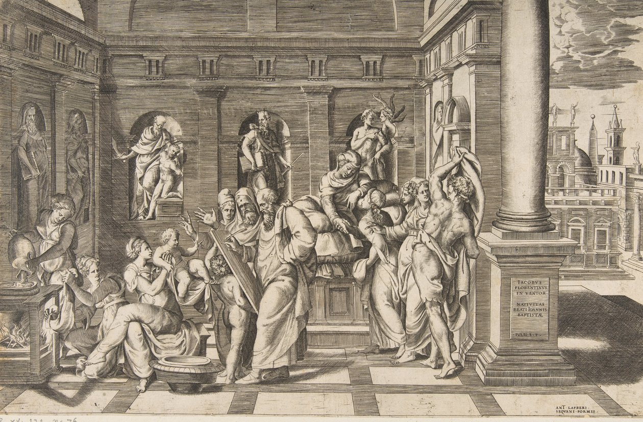 Fødselen til døperen Johannes satt i en klassisk bygning, ca 1531-76 av Giulio Bonasone