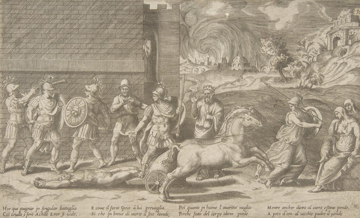 Kampen til Hector og Achilles, og Achilles som drar kroppen til Hector rundt ..., 1531-76. av Giulio Bonasone