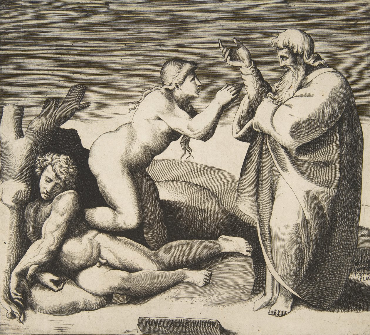 Skapelsen av Eva som dukker opp bak Adam, ca. 1530-70. av Giulio Bonasone