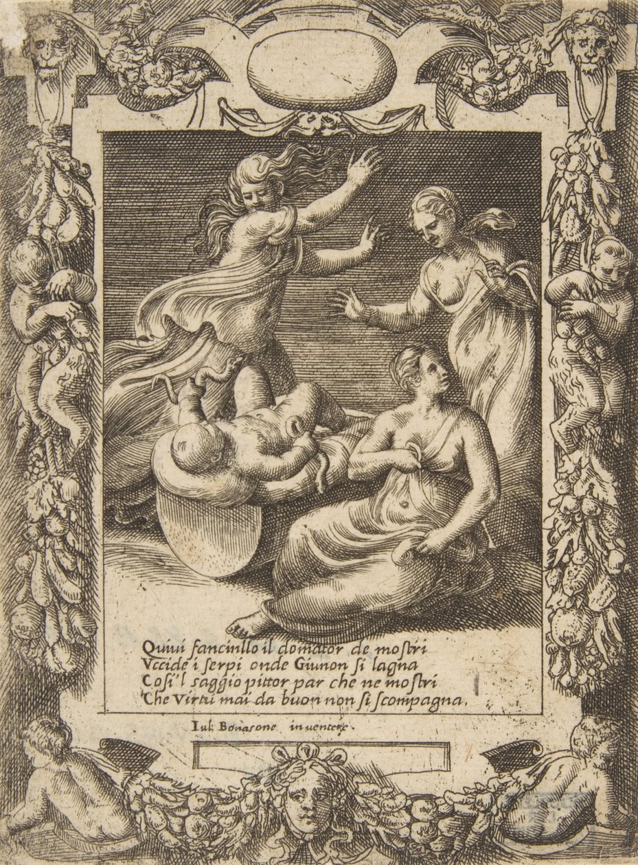 Spedbarnet Hercules dreper slangene, satt innenfor en forseggjort ramme, fra 